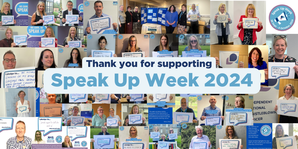 A collage of Speak Up Week pledges from NHS workers. This is covered by the words 'Thank you for supporting Speak Up Week 2024'